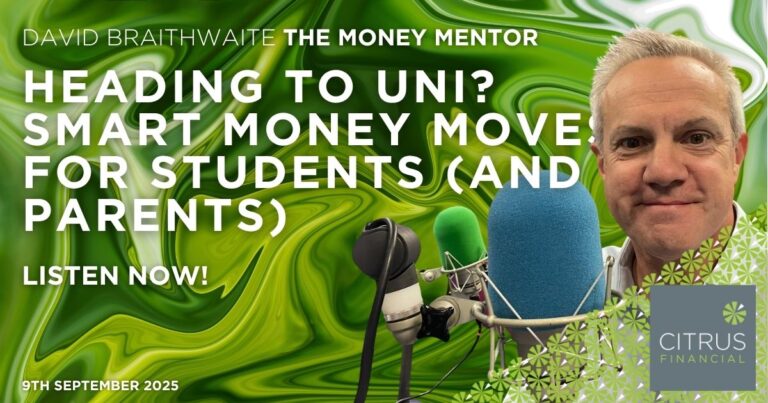 David Braithwaite, The Money Mentor, with studio microphone — episode on student money tips for starting university.