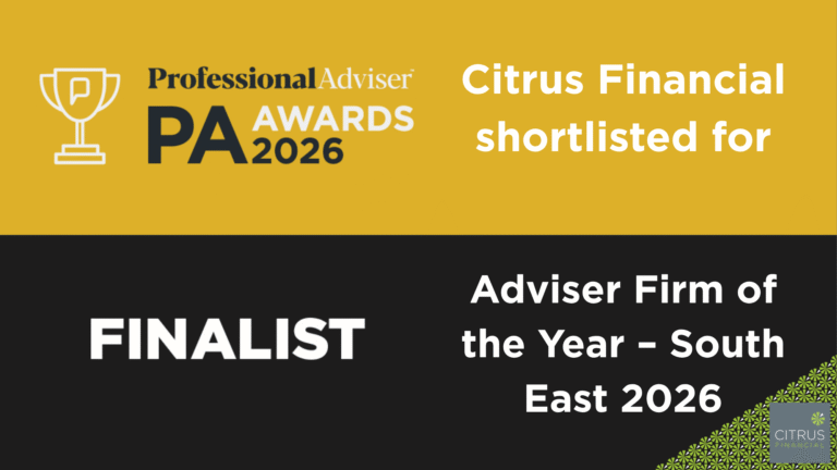Citrus Financial announcement graphic for Adviser Firm of the Year – South East 2026 finalist.