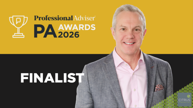Portrait-style promotional image for Citrus Financial announcing David Braithwaite’s shortlist for the 2026 Professional Adviser Champion of Advice Award.