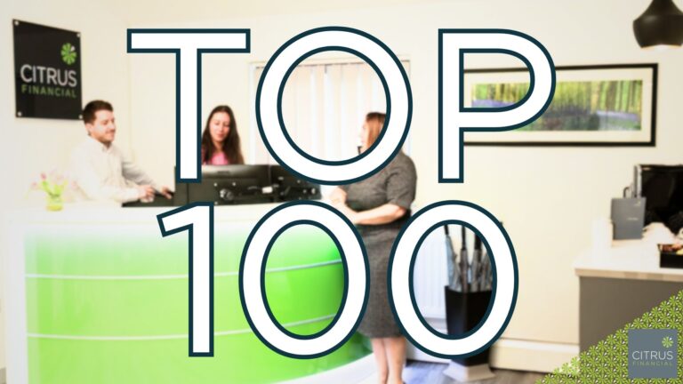 Abstract Citrus-branded graphic announcing Citrus Financial’s inclusion in the Citywire New Model Adviser Top 100 2025.
