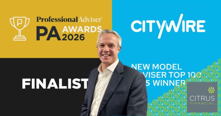 Collage image featuring David Braithwaite with the Professional Adviser Awards and Citywire Top 100 logos in the background.
