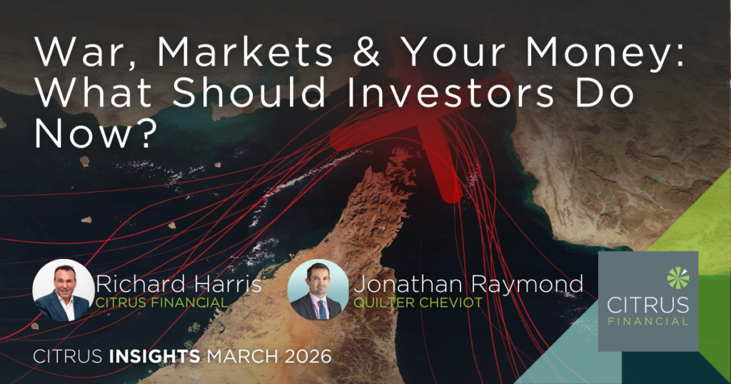 Map of the Strait of Hormuz with disruption symbol alongside investment experts discussing market volatility