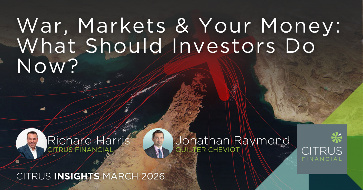 Map of the Strait of Hormuz with disruption symbol alongside investment experts discussing market volatility