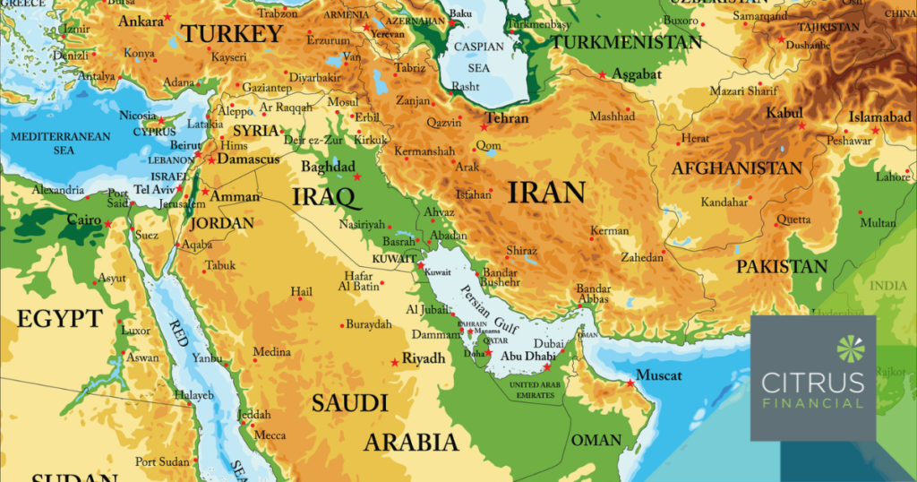 A map of the middle east indicating the geopolitical conflict
