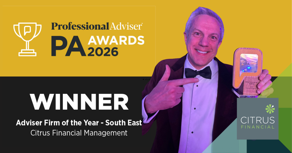 David Braithwaite holding Adviser Firm of the Year South East 2026 award for Citrus Financial