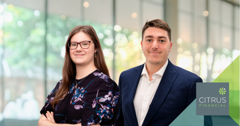 Kate Morrish and Daniel Bell from Citrus Financial celebrating exam success